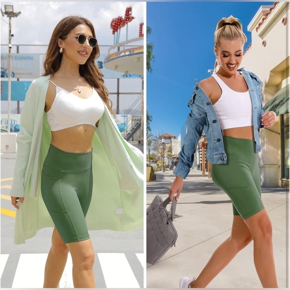 Apexup High Waist, Spandex Yoga Shorts w/Side Pockets-Size Small-Olive Green - Picture 4 of 6